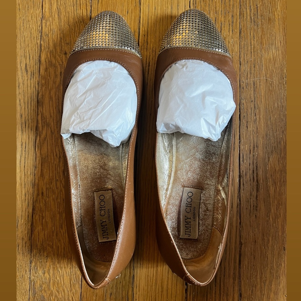Jimmy Choo Waine Flats in Tan Leather with Gold Chainmail Size 40
